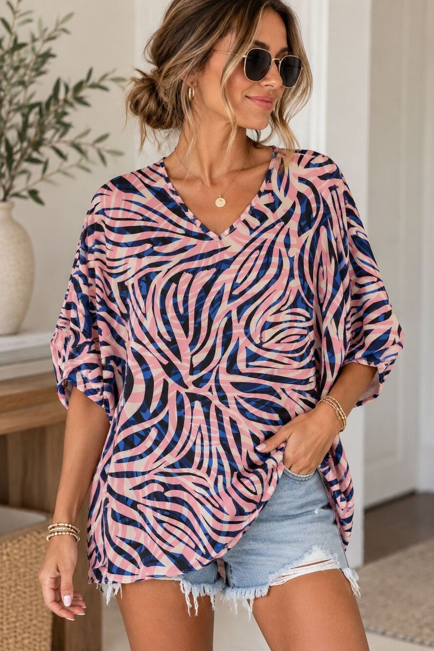 Spin Abstract Swirl Print Oversized V-Neck Blouse Pink Blue Black Size Medium